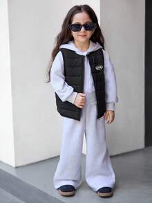 少女字母印花拉链领冬季背心 - 黑色 - 查看 6