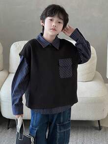 DAZY 秋季男童宽松休闲条纹衬衫和背心两件套