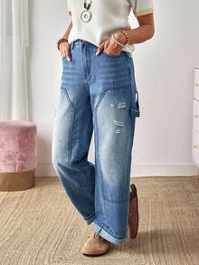 EMERY ROSE 女式休闲水洗做旧直筒牛仔裤 - 藍色 - 查看 4