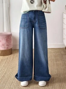 EMERY ROSE 女士休闲日常水洗阔腿牛仔裤 - 藍色 - 查看 2