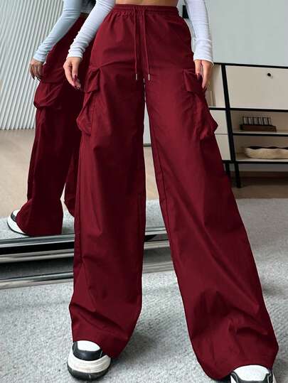 SHEIN EZwear Women's Casual Solid Color High Waist Wide Leg Pants Burgundy Cargo Pants Parachute Pants Parachute Pants For Women,Fall