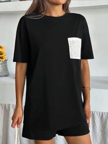 EURMUSE Quần Short Nữ Màu Trơn Thoải Mái Vừa Vặn Thường Ngày Tay Ngắn Thêu Phía Trước Túi Vá Và Eo Thun Dây Rút Ngắn Thường Ngày - màu đen - Xem 3