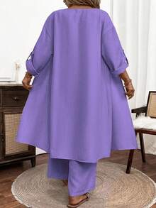 Linhara Plus-Size Ladies' Woven Leisure Vacation Summer Two Pieces Set - Purple - View 2