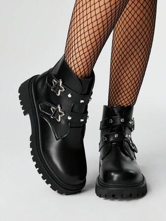 Grunge Punk Damen Dunkel Punk Metall Nieten Stern Klettverschluss Gürtelschnalle Plateau 5cm Absatz Modische Lässige Tägliche Knöchel Stiefel, PU College Stil