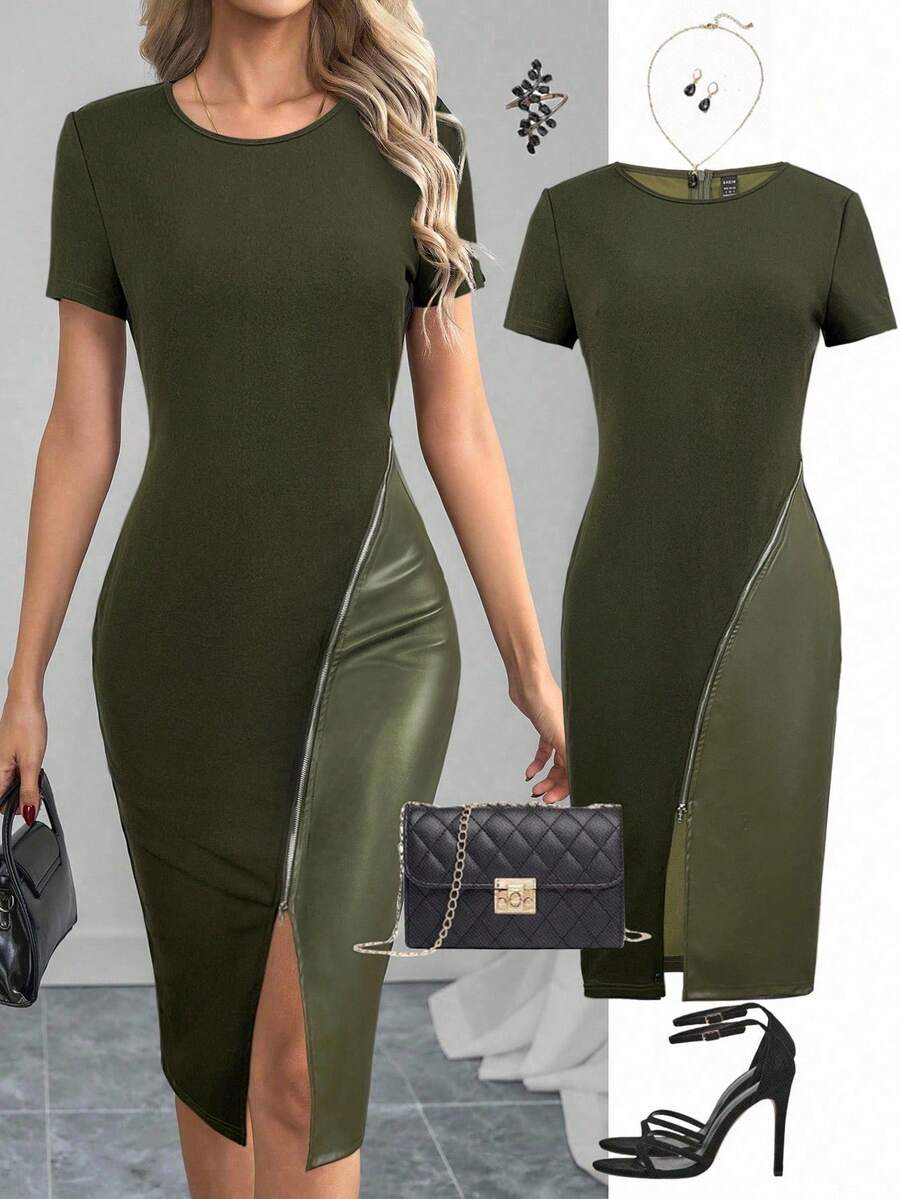 Ellevyn Elegant Women's Black Short Sleeved Patchwork PU Leather In Winter Zip Up Split Thigh Bodycon Dress - Army Green - View 1