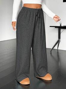 SHEIN EZwear 深灰色加大码休闲抽绳腰宽松直筒裤 - 深灰色 - 查看 4