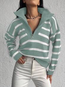 SHEIN Cottnline Women's Zipper Half-Placket Striped Sweater Pullover - Mint Green - View 6