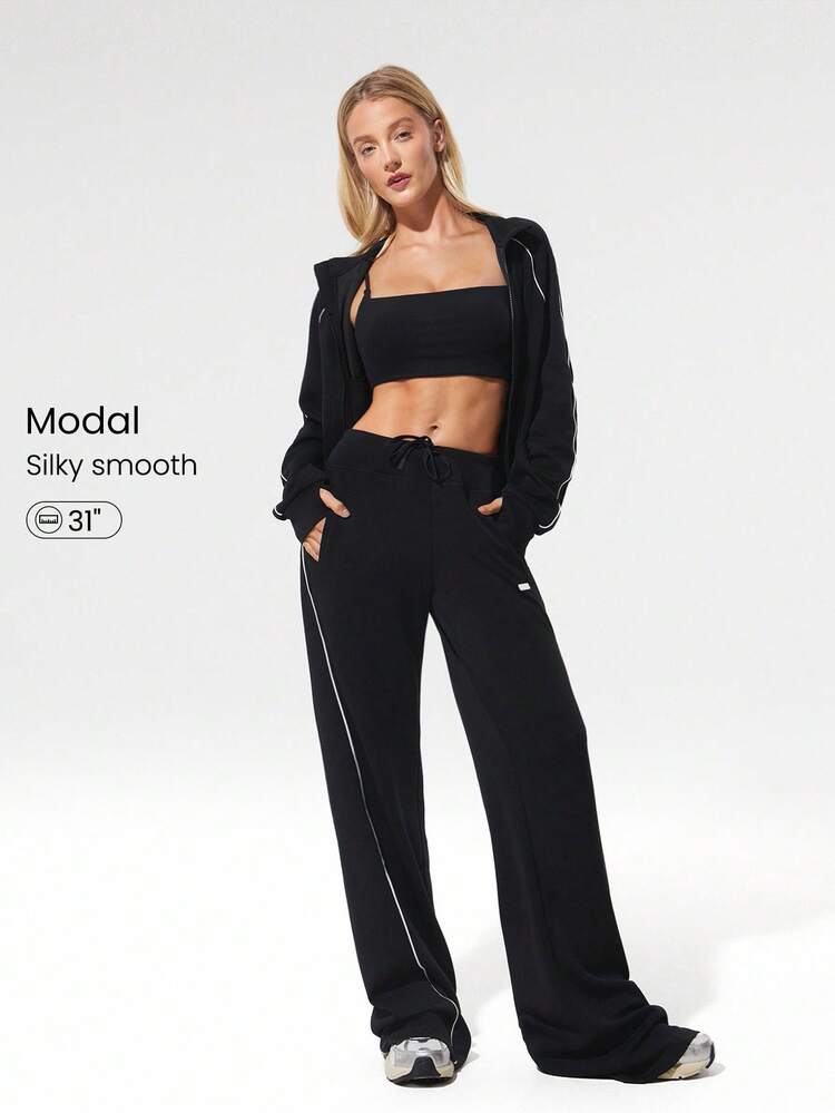 Pantaloni della tuta comodi e rilassati in modal morbido e setoso, con vita con coulisse, gamba allungante a contrasto, con tasche laterali, per uso casual quotidiano