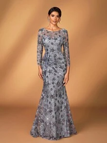 Serin 优雅奢华灰色亮片刺绣亮片串珠圆领褶饰裹身中长连衣裙，适合晚会、约会、音乐节、舞会、婚礼、新娘母亲礼服 - 灰色 - 查看 8