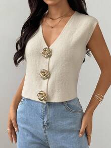 Almamuse New Summer French Elegant Design Lightweight Knit Vest Sweater For Women - Apricot - View 4