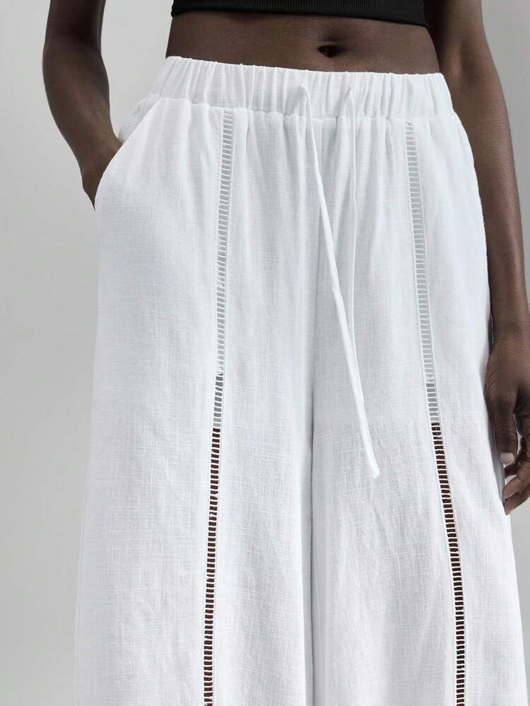Ontre 2025 亚麻面料，秋冬全季，秋季服装，冬季服装，返校，万圣节女装，圣诞节，女教师制服，夜间外出服装，商务休闲裤，带抽绳松紧腰带和荷叶边下摆 - 白色 - 查看 6