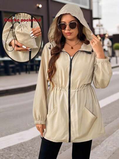 EMERY ROSE Plus Size Women Hooded Cinched Waist Mid-Length Jacket, Casual & Sporty Fall Winter Cloth For Women Autumn
