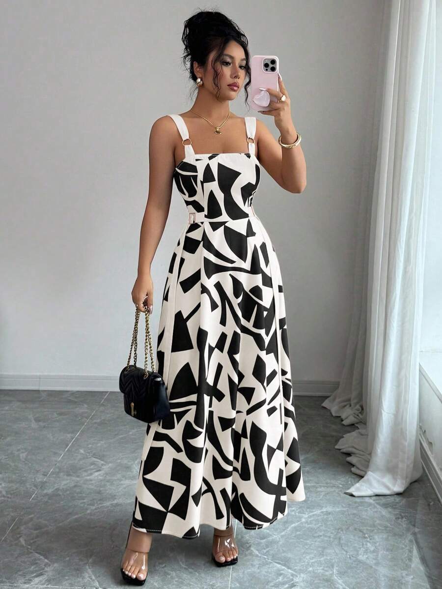 SHEIN Clasi Váy xòe họa tiết hình học đơn giản, thoải mái, dây mảnh, dáng rộng, mùa hè dành cho nữ - Đen và trắng - Xem 1