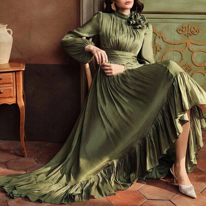 여성 우아한 3D 플로럴 하이넥 롱 랜턴 슬리브 러플 헴 하이로우 드레스, 가을
