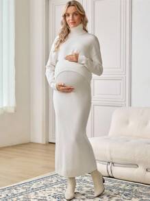 SHEIN 2 件孕妇装 - 纯色高领毛衣和无袖长款毛衣裙 - 米色 - 查看 7