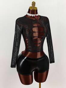 Amplova Women's Hollow-Out Design Round Neck Long Sleeve Sexy Fitted Lace Blouse