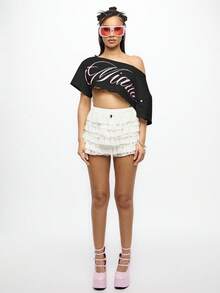 SUMWON WOMEN Off Shoulder Raw Edge Cropped Graphic Tee Alternative Festival Clothing Ruffled Distressed Aesthetic Y2K Fashion Edgy Club Party Wear