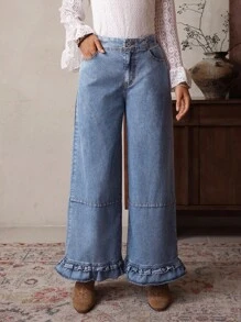 EMERY ROSE Women's Loose Casual Flared Jeans With Pockets And Ruffle Hem - Blue - View 5