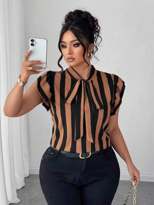 Elenzga Plus Size Casual/Office Black & White Striped Tie Sleeve Design Blouse