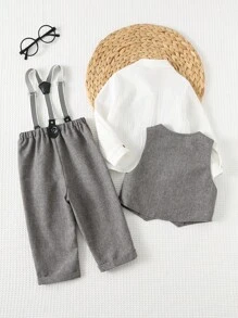 Cozy Pixies Bộ trang phục quý ông thu đông 3 món cho bé trai, bao gồm áo khoác vest xám, quần có quai rời có cạp chun và áo sơ mi dài tay màu trắng có nơ - Nhiều màu - Xem 2