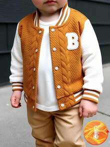 SHEIN Baby Jungen Sport & Lässig Buchstaben Abzeichen Strukturstoff Kontrast Farbe Baseball Jacke, geeignet für tägliche Ausflüge, Baby Herbst/Winter Jacke, 3 Monate - 3 Jahre alt, Baby Marken Kleidung