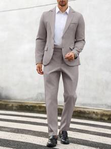 Manfinity Mode Conjunto de traje de hombre con blazer de cuello solapa y pantalones, de unicolor, de manga larga - Marrón - Ver 6