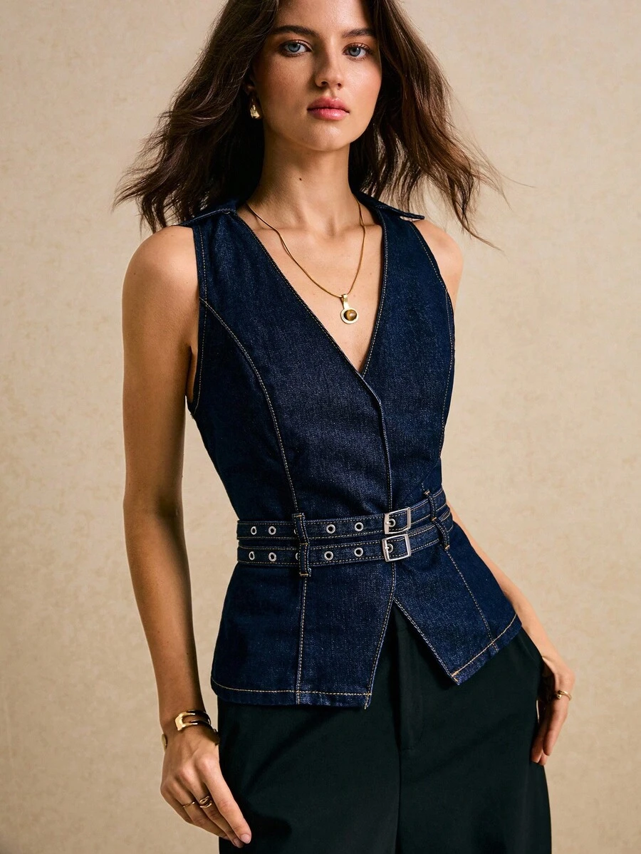 Poéselle 女式V领腰扣设计无袖时尚牛仔上衣女式牛仔背心女式背心女式牛仔上衣女式牛仔上衣女式牛仔背心牛仔背心上衣
