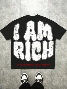 SHEIN 街头涂鸦艺术家肖像，涂鸦人物，街头风格，我是富人，朋克，嘻哈，酷，家伙，说唱歌手。青少年男孩休闲简约短袖圆领 T 恤，适合夏季 - 彩色 - 查看 3