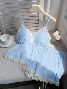 Comfortcana 夏季针织吊带背心，带衬垫胸罩和短裤蕾丝边套装 - 藍白色 - 查看 5