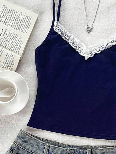 Tween Girls Lace Ballet Style Camisole Tank Tops, Navy Blue & White Girls Cami Lace Cami Teen Girl Clothes Top Bralettes For Girls Tops For Teen Girls Cute Cute Cami Tops Tops Cute