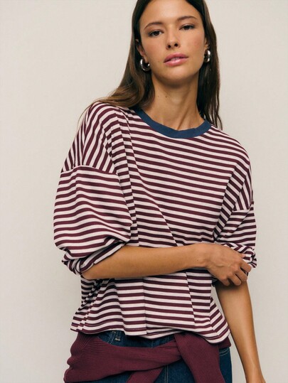 Nöista Camiseta de cuello redondo de corte relajado con rayas para mujer, que ofrece una opción versátil y casual para el invierno cotidiano, perfecta para capas sencillas, looks pulidos fuera del servicio, estilismo festivo de verano y conjuntos fáciles de primavera.
