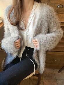 DAZY Women's Solid Color Frill Trim V-Neck Lantern Sleeve White Blouse, Spring/Autumn Long Sleeve Top - White - View 5