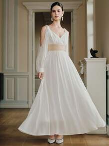 Anewsta 女式长袖串珠优雅长裙，白色，喇叭裙，新品上市