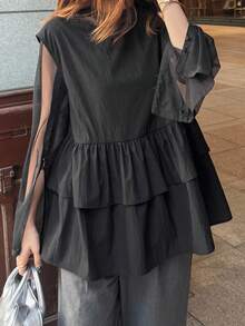 FRIFUL Blusa casual holgada con cuello redondo, dobladillo con volantes superpuestos y empalme, otoño - Negro - Ver 1