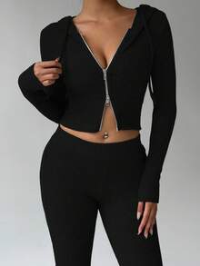 FavEase Bộ đồ thể thao thường ngày kết hợp họa tiết gân lông cừu màu be có khóa kéo và quần ống loe cổ điển dành cho nữ, tủ đồ thiết yếu tối giản, mùa xuân và mùa thu - màu đen - Xem 4