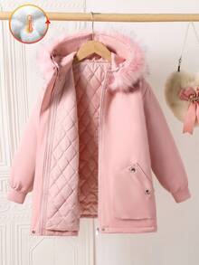 Manteau matelassé pour préadolescentes avec doublure en fausse fourrure, rose, vêtement d'extérieur chaud pour l'école et les activités extérieures en automne - Rose bonbon - Voir 1