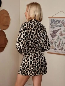 LanaWest Vestido de manga larga con volantes en el bajo con estampado de leopardo - Café - Ver 2