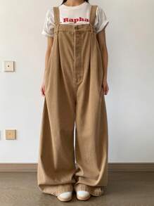 Bộ đồ liền thân denim ống rộng rộng rãi, màu kaki, có túi, dáng rộng, dáng rộng, phong cách công sở, trang phục dạo phố dự tiệc trở lại trường cho bé gái tuổi teen - Màu Khaki - Xem 4