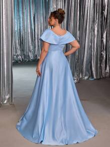 Glamrae 加大码优雅浪漫奢华 3D 花卉设计缎面喇叭袖长裙，适合晚会、约会、舞会、毕业典礼、婚礼、正式场合（重磅装饰） - 藍色 - 查看 4