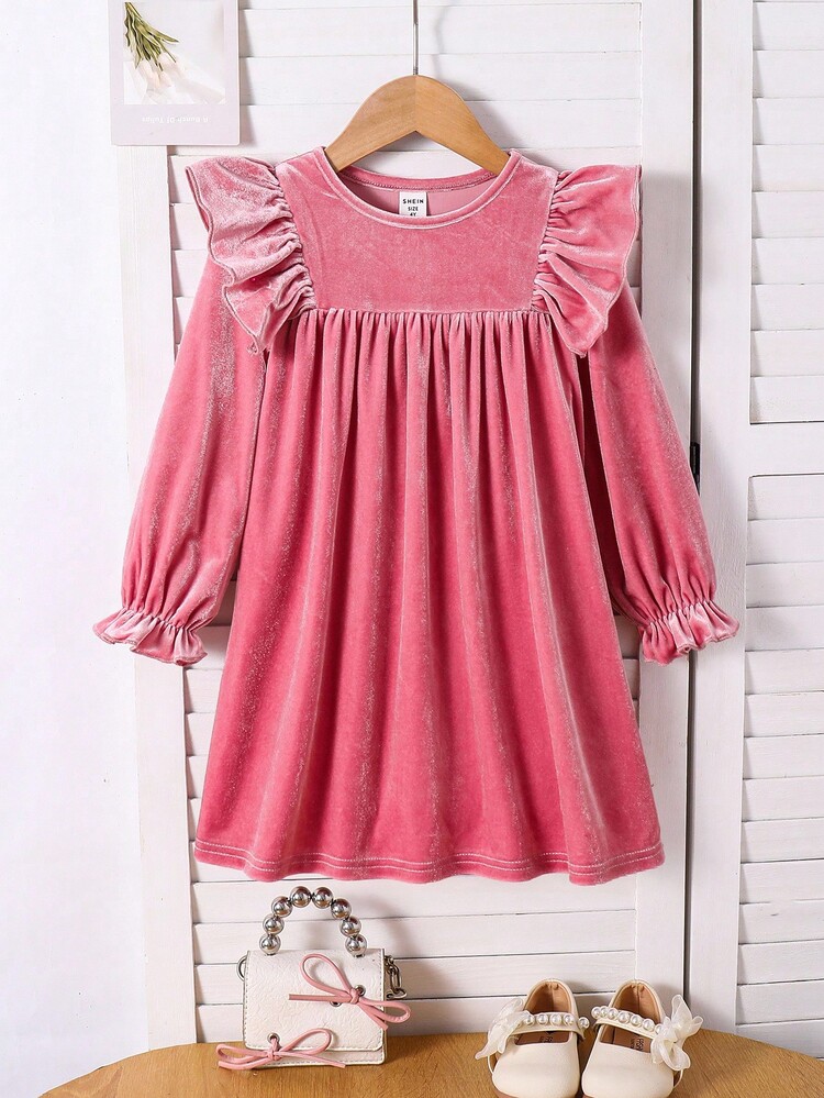 SHEIN Young Girls Pink Autumn Velvet Dress, Traditional Holiday Wedding Party Dress, Soft Round-Neck Ruffled Long-Sleeved Fitted Knitted Casual Young Girls Dress - Dusty Pink - View 3