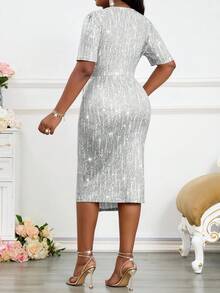 Fleurora 2025 New Plus Size Women Spring And Summer Elegant Silver Elegant Retro Work Wedding Reception Valentine's Day New Year's Party Knitted Depp V Neck Rhinestone Ruffle New Arrival Slim Dress Plus Size Dress Formal Prom Dress  Dresses For Women Elegant Party Dress Long Party Dress Halloween Wedding Guest Dress For Women Elegant Dresses For Party National Day Dress Shiny Dress Plus Size Party Outfit Women Party Outfit Plus Size Silver Dress Curve Birthday Outfit Dinner Outfits For Women  Long Summer Dress For Women - Silver - View 2