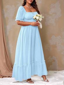 Flirla Vestido largo con escote cuadrado, lazo, volantes en el bajo, color rosa romántico y dulce, para usar en Pascua, talla grande