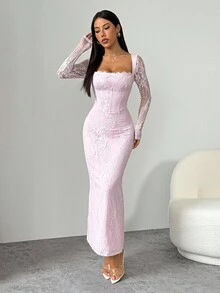 SHEIN PETITE فستان ماكسي أسود ضيق للجسم بياقة مربعة وأكمام طويلة من الدانتيل على شكل S مثير للحفلات والمناسبات الصيفية الجديد للنساء - وردي - مشاهدة 5