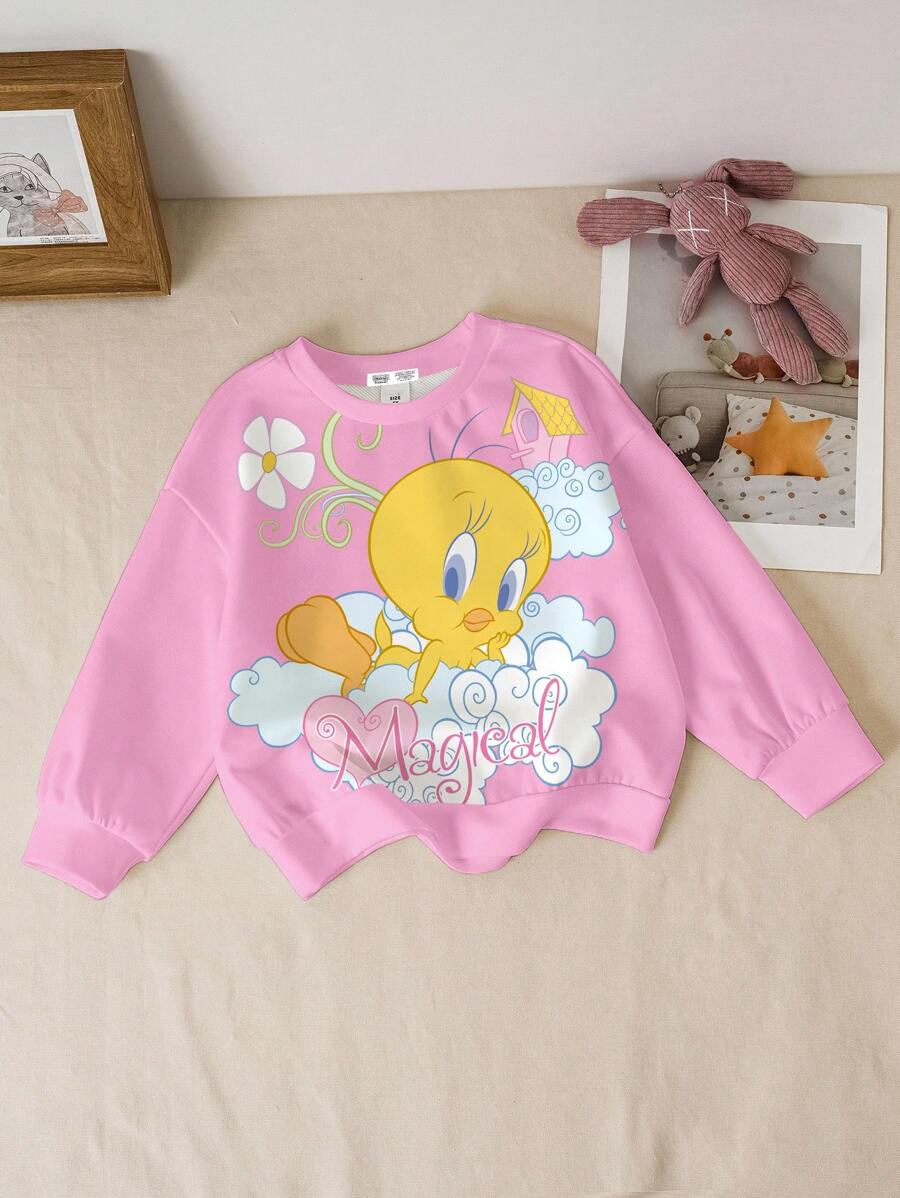 LOONEY TUNES X SHEIN Baby Girl Cartoon Graphic Crew Neck Long Sleeve Sweatshirt Fall Winter - White - View 1