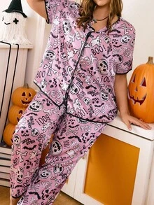 Chillnights Plus Size Halloween Element Printed Mock Neck Loungewear Pajama Set - Pink - View 4