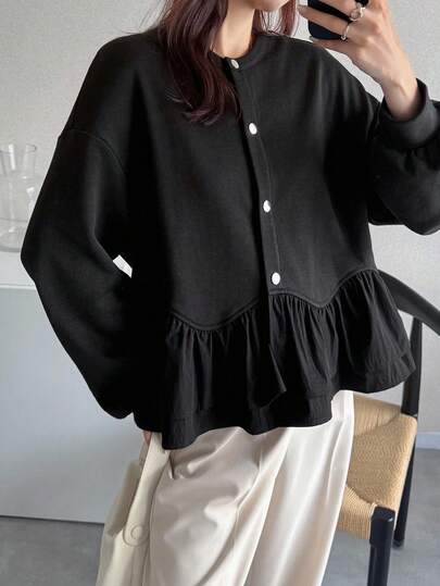 FRIFUL 女式黑色纯色下摆褶饰宽松休闲百搭夹克，秋季外套