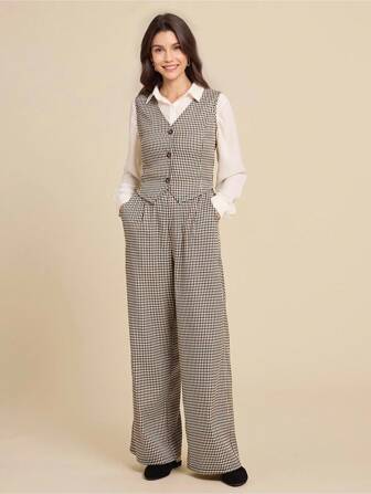 SHEIN LUNE Women Solid Color Round Neck Short Sleeve Top And Flower Print Wide Leg Pants Set For Summer Two Pieces Outfits