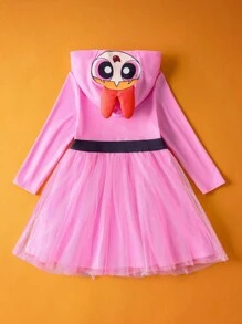 THE POWERPUFF GIRLS X SHEIN Young Girl Blossom Pattern Cute 3D Shaped Hooded Long Sleeve Mesh Costume Dress, Pink Fall Winter - Multicolor - View 2
