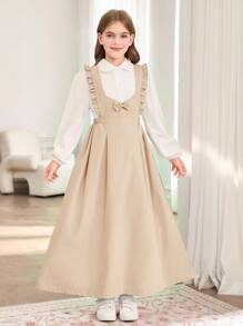 青少年女孩休闲校园风格可爱荷叶边蝴蝶结吊带裙和通勤白衬衫 T 恤套装，校服套装秋冬 - 卡其色 - 查看 3