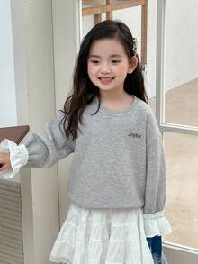 DAZY Sudadera casual de estilo coreano para niñas jóvenes con cuello redondo, ribete de volantes, contraste de colores, estampado de parches y manga larga - Gris - Ver 6